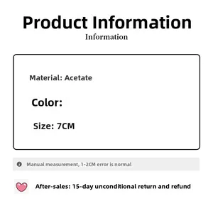 Detailed acetate hair clip specifications showing 7cm dimensions and material info