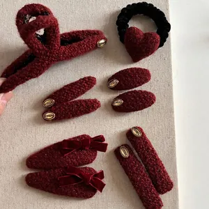 Elegant Wine Red Woolen Hair Clips Fashion OL Style Handmade Bowknot Duckbill Clip Metal Label Hair Accessories For Women