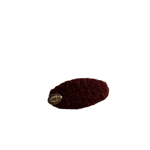 Elegant wine red fuzzy wool hair clip with a gold metal label on a clean white background
