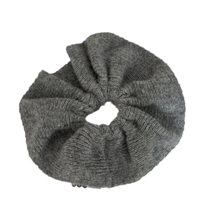 Chic grey mohair knitted hair tie scrunchie with soft texture and brand label