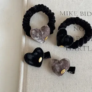 Velvet heart hair scrunchies and clips set with metal love tag in black and grey colors