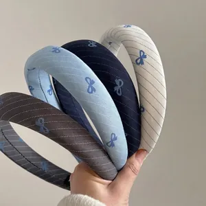 Preppy Striped Fabric Headband With Blue Bow Knot Print Wide Padded Hair Hoop Handmade Fashion Hair Accessories For Women