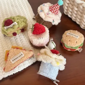Plush strawberry and cream cake hair clips set for women with metal alligator grips