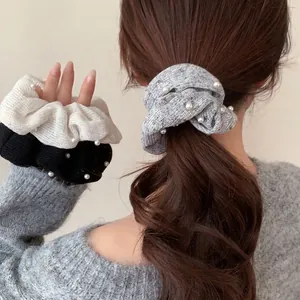 Knit Artificial Pearl Hair Scrunchie Elastic Hair Tie Elegant Large Intestine Ring For Women Sweet Korean Style Solid Color Hair Accessories