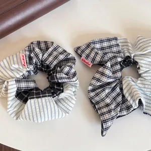 Retro Blue Patchwork Scrunchie Fabric Striped Plaid Hair Tie For Women Vintage Fashion Commuter Hair Accessory