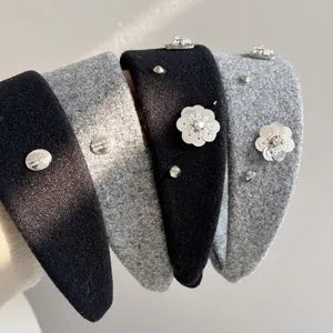 Elegant wide wool headband set featuring sequin flowers and chic metallic rivet details