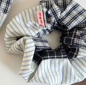 Blue retro plaid scrunchie with striped patchwork fabric for high ponytail hair styling