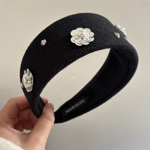 Handmade black wool headband with silver sequin flowers and metallic studs for women