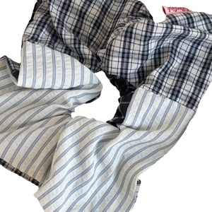 Blue vintage plaid and striped patchwork oversized hair scrunchie for women