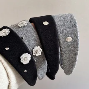 Fashion Women Woolen Wide Headband With Sequin Flowers And Metal Rivets Handmade Commuting Hair Accessories Hairband