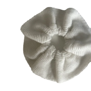 Minimalist white knitted oversized scrunchie for women with soft elastic wool texture
