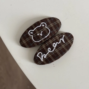 Sweet brown plaid BB hair clips featuring embroidered bear and text for girls