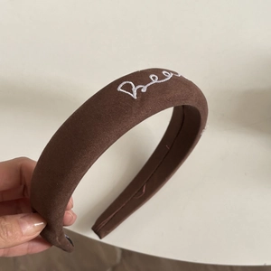 Brown velvet padded headband with cute white Bear embroidery for girls