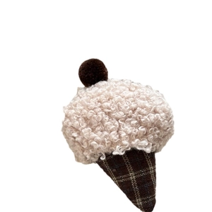 Handmade ice cream hair clip with white sherpa wool ball and brown checkered cone