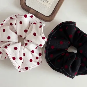 Vintage red polka dot scrunchie set in cream and black canvas fabric for low ponytails