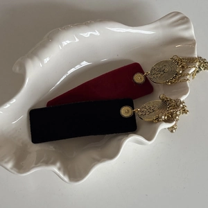 Vintage ethnic hair clips with red and black velvet, golden motifs and bell tassels