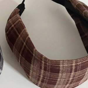 Classic brown and beige checkered wide headband with vintage plaid pattern and non-slip lining