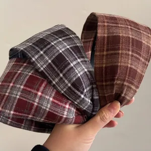Vintage Checkered Padded Headband Preppy Style British Plaid Hair Band High Top Wide Headwrap Accessories For Women