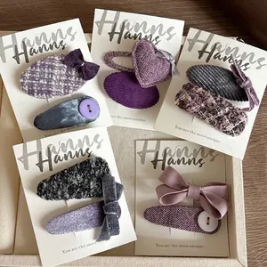 Lot de Barrettes à Cheveux en Tissu Violet Style Coréen Nœud Papillon Cœur Fait Main en Tweed Velours Côtelé pour Enfants Filles