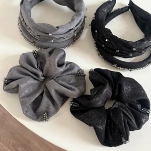 Elegant Rhinestone Fabric Headband Pleated Shiny Hair Band For Women Fashion Beaded Hair Ring Accessories