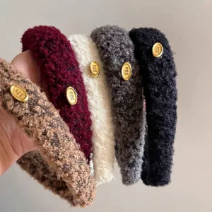 Women Fashion Plush Lamb Wool Headband Wide Padded Hair Hoop With Gold Metal Tag High Skull Top Winter Hair Accessories