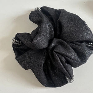 Elegant black scrunchie with silver glitter fabric and grey beaded details for women