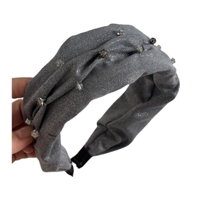 Elegant grey pleated headband with sparkling beads and crystals on a wide knotted band