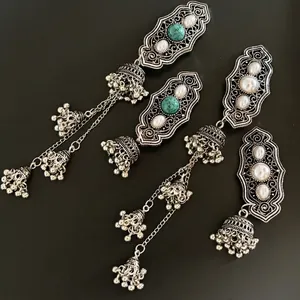 Vintage Ethnic Tassel Hair Clip Antique Silver Alloy Zircon Artificial Pearl Bell Bangs Side Clip New Chinese Style Hair Accessory