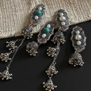 Ethnic silver-plated Jhumka tassel earrings set with turquoise stones and white pearls