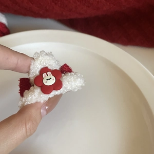 Cute plush rabbit snowman hair clip with red flower and white lamb wool texture