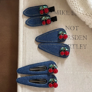 Pince à Cheveux en Tissu Denim pour Femme Jolie Cerise Rouge Strass Clip à Pression Bleu Foncé Pince BB Accessoires Cheveux