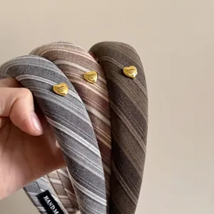 Three-piece set of retro twill fabric thick headbands with heart-shaped metal accents