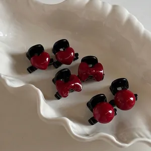 Mini Pinces à Cheveux Cœur Nœud Sphère Rouge Noir Acrylique Petites Barrettes pour Femmes Filles Accessoires de Coiffure