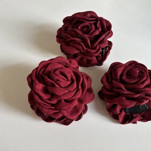 Three-piece set of deep red fabric rose hair claws in a French vintage floral style