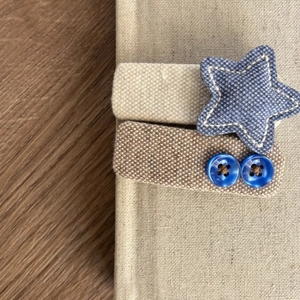 Handmade sea salt blue hair clips with lace buttons and plaid stars for girls
