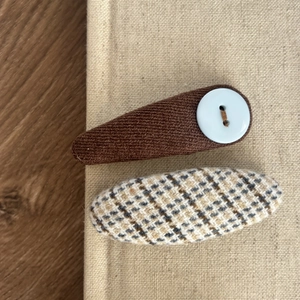 Handmade salt blue plaid hair clips for girls with brown knit and button design details