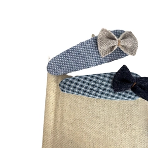 Handmade sea salt blue plaid hair clips with knitted bows for girls, 2-piece set
