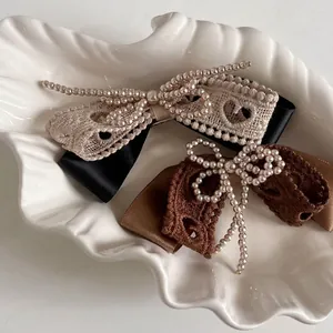 Vintage French Lace Artificial Pearl Bow Hair Clip Elegant Satin Ribbon Bowknot Side Clip For Women Hair Styling Accessories