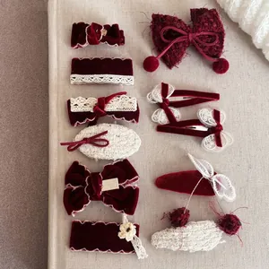 Pinza para el Cabello con Lazo de Terciopelo Rojo de Año Nuevo Francés para Mujeres Niñas Dulce Encaje Hecho a Mano Accesorio