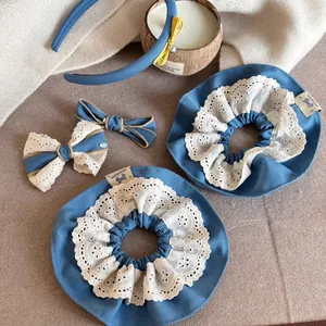 Ensemble de barrettes à nœud bleu et chouchou en dentelle pour filles fait à la main