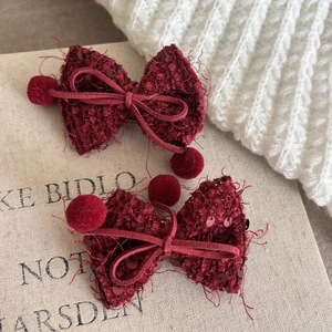 Pinzas para el pelo con lazo rojo vino con lentejuelas y pompones para niñas
