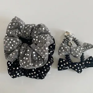 Women's Sparkling Sequin Bow Hair Ties Glitter Fabric Scrunchies Elastic Telephone Cord Hair Bands Ponytail Holders Accessory