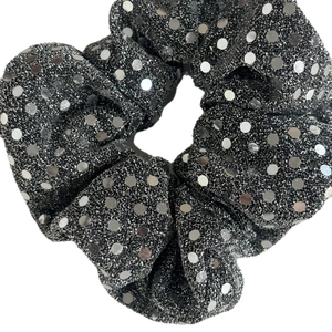 Glittery silver sequin oversized hair scrunchie with sparkling metallic thread and elastic band