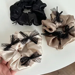 French Style Satin Lace Bow Scrunchie Elegant Khaki Hair Tie For Women Handmade Vintage Polka Dot Bowknot Hair Accessory