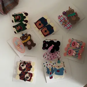 Cute Cartoon Bear Floral Bow Hair Clips Set Fabric Acrylic Duckbill Clips Sweet Hairpins Hair Accessories For Girls Women