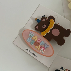 Cute cartoon bear and floral acrylic hair clip set for girls on a white display card