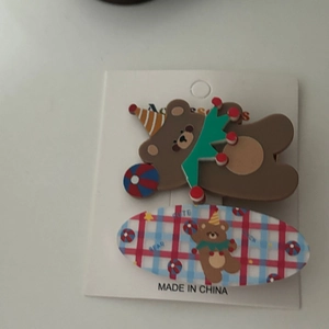 Detail of cute bear acrylic hair clips with plaid patterns and party hat accessories