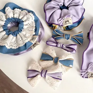 Barrettes à Cheveux Nœud en Tissu Violet Bleu pour Filles Dentelle Scrunchies Bandeaux Faits à Main Accessoires Cheveux Femme