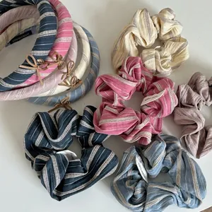 Sweet Striped Fabric Headband And Bow Scrunchie Set Fashion Commuting Hair Styling Accessories For Women Daily Headwear