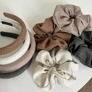 Handmade Cotton Herringbone Hair Accessories For Women Vintage Minimalist Headband Oatmeal Coffee Hair Tie Scrunchie